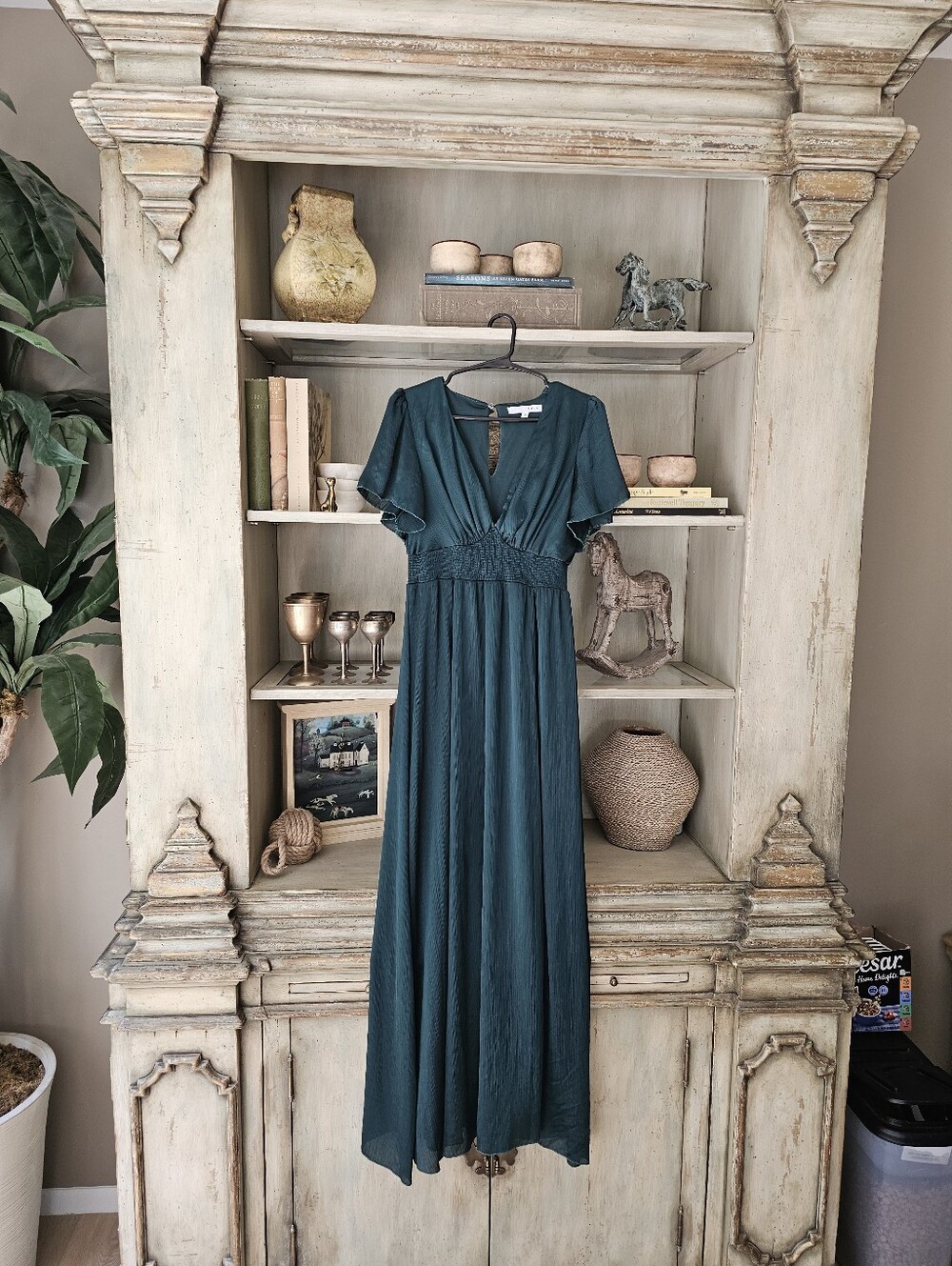 Baltic Born Prague Satin Smocked Empire Waist Maxi Dress Dark Green M - Picture 6 of 13
